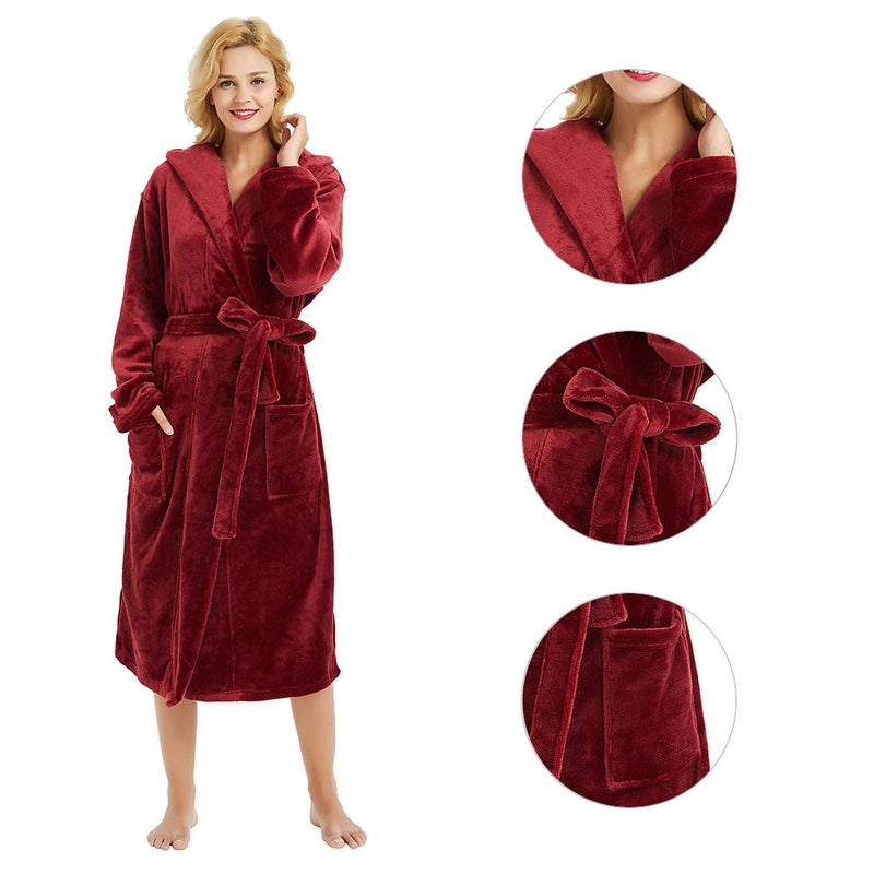 HEARTNICE Womens Hooded Fleece Robe, Soft Plush Bathrobe for Womens, Fluffy Cute Long House Coat (A-Wine Hooded, 2XL/3XL) - Image 3
